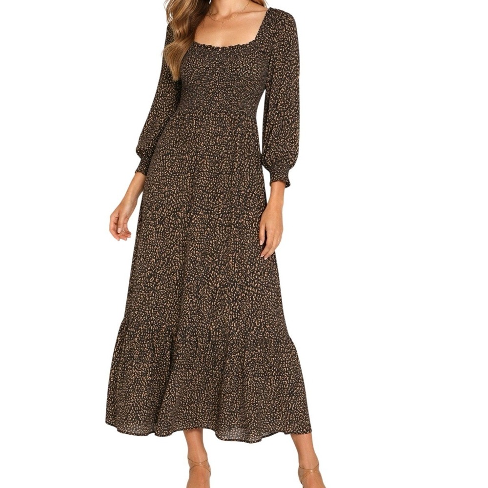 Elloh Leopard Print Smocked Maxi Dress Long Sleeve Square Neck Brown Black Large